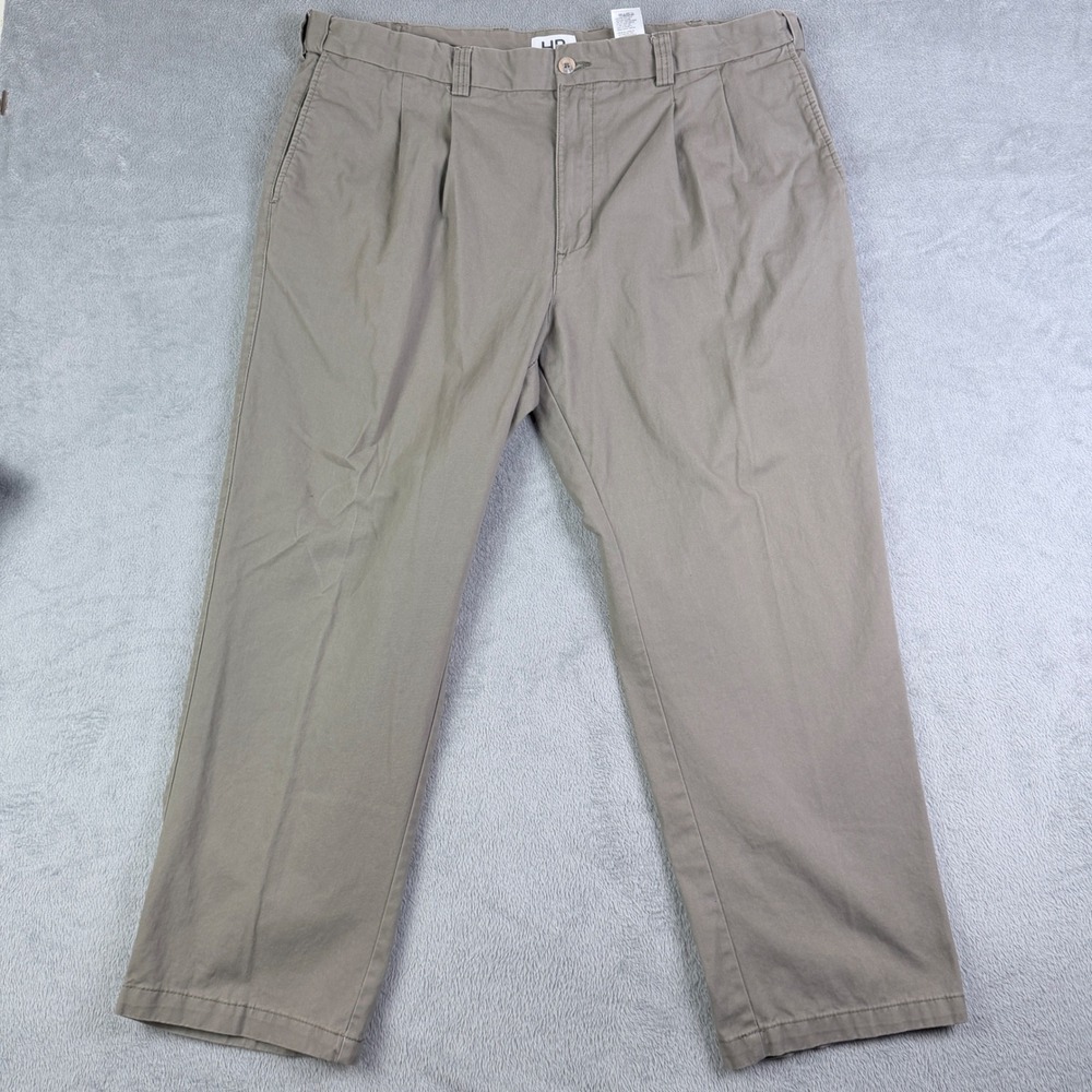 HB Mens Pleated Chino Pants Khaki Tan 100% Cotton 44x30 Regular Fit Trousers